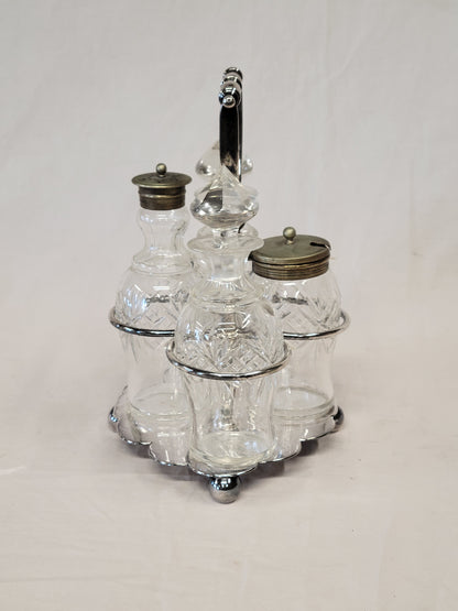 Antique Silverplate and Glass Four Bottle Cruet Set