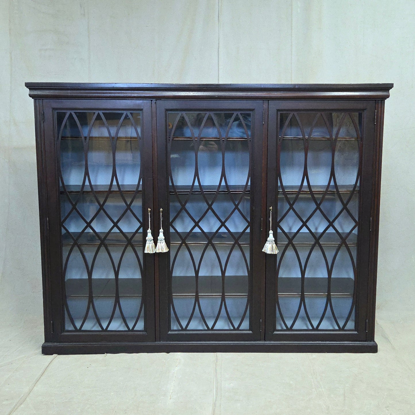 Vintage English Mahogany Bookcase with Lattice Mullions and Adjustable Shelves