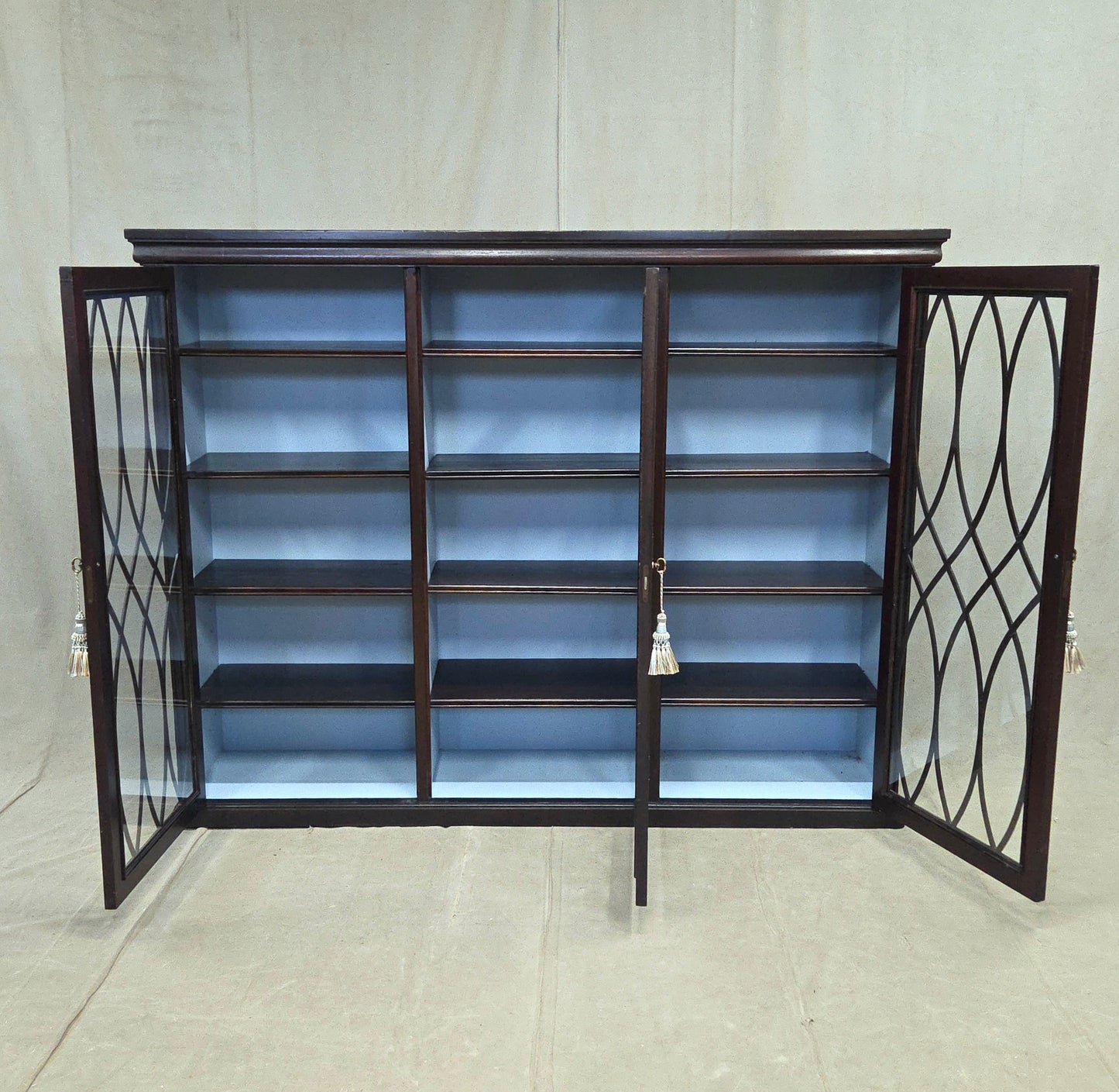 Vintage English Mahogany Bookcase with Lattice Mullions and Adjustable Shelves