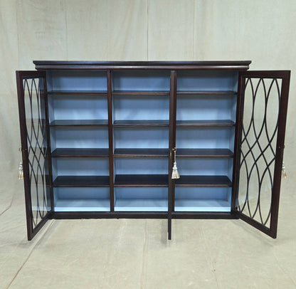 Vintage English Mahogany Bookcase with Lattice Mullions and Adjustable Shelves