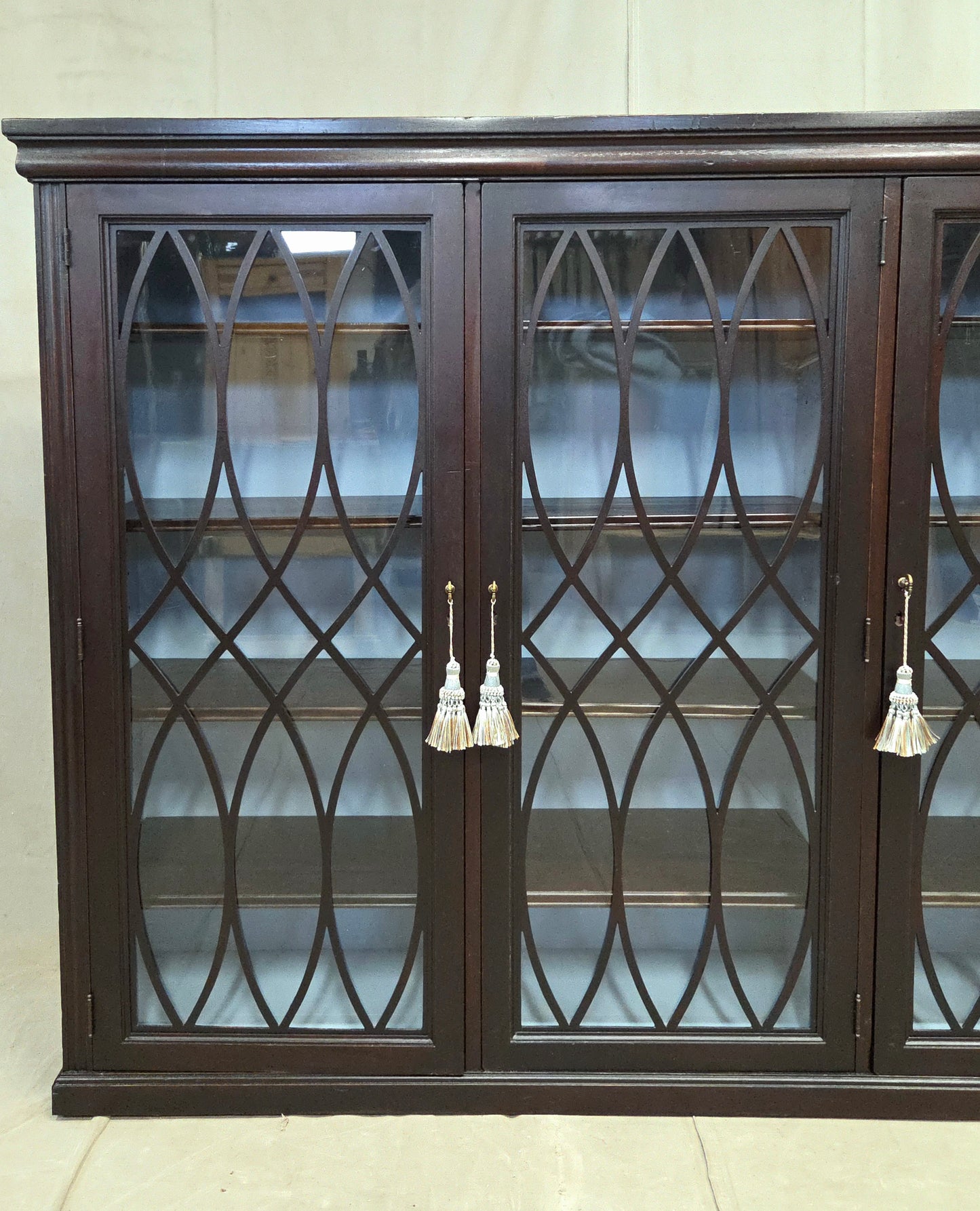 Vintage English Mahogany Bookcase with Lattice Mullions and Adjustable Shelves
