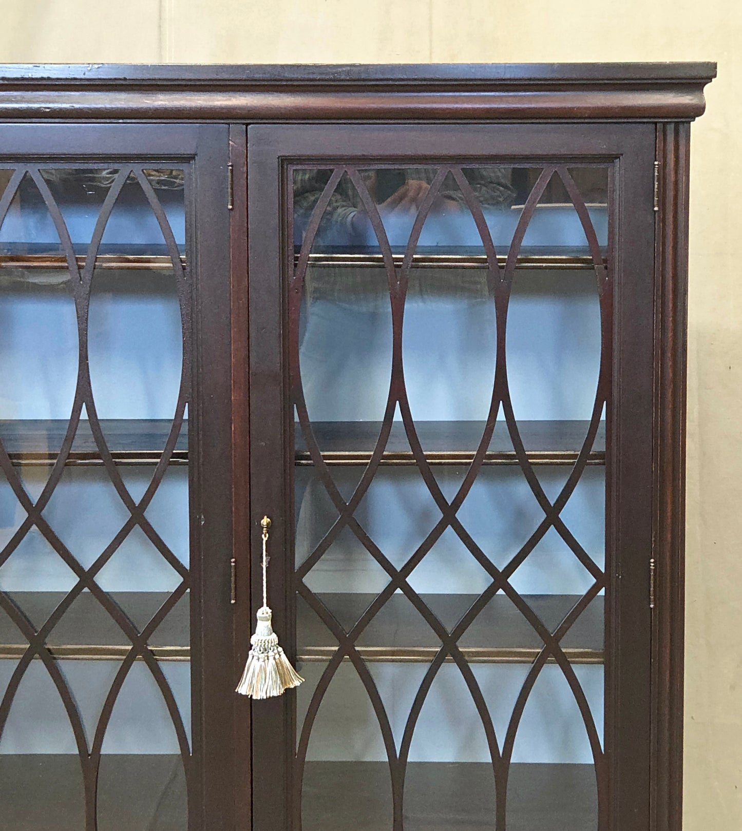 Vintage English Mahogany Bookcase with Lattice Mullions and Adjustable Shelves