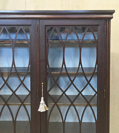 Vintage English Mahogany Bookcase with Lattice Mullions and Adjustable Shelves