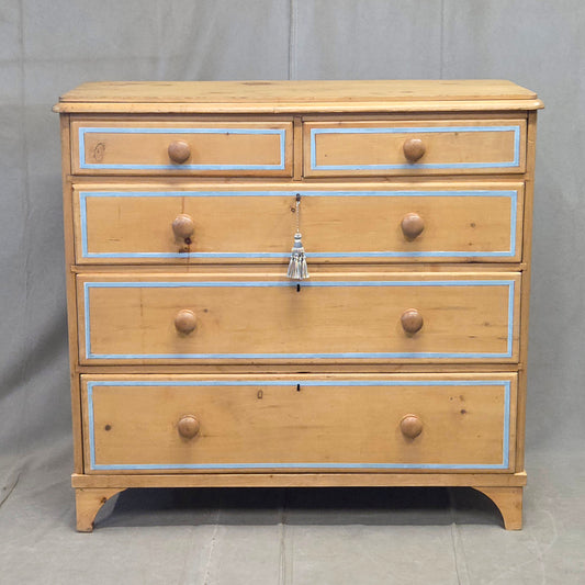 Antique English Edwardian Natural Pine Chest of Drawers with Blue French Line