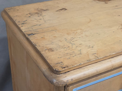 Antique English Edwardian Natural Pine Chest of Drawers with Blue French Line