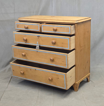 Antique English Edwardian Natural Pine Chest of Drawers with Blue French Line