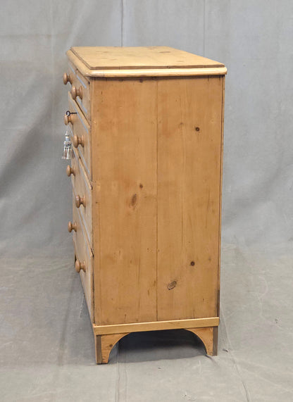 Antique English Edwardian Natural Pine Chest of Drawers with Blue French Line