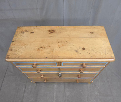 Antique English Edwardian Natural Pine Chest of Drawers with Blue French Line
