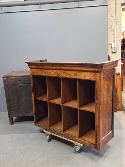 Antique French Elm Deux Corps Buffet Cabinet With Inlay and Fitted Interior