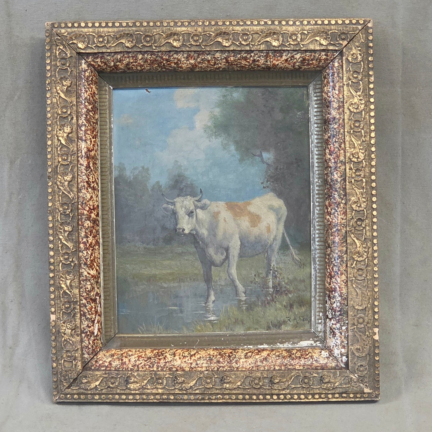 Robert Atkinson Fox (1860-1935), Cow in a Stream, Gouache on Canvas Painting