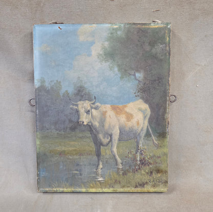Robert Atkinson Fox (1860-1935), Cow in a Stream, Gouache on Canvas Painting