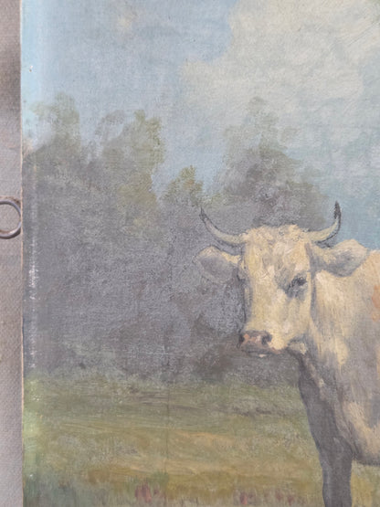 Robert Atkinson Fox (1860-1935), Cow in a Stream, Gouache on Canvas Painting
