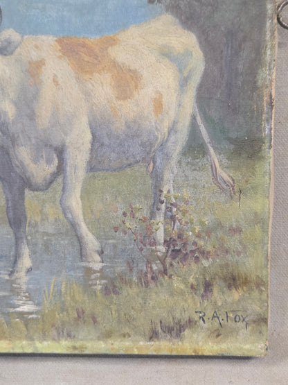 Robert Atkinson Fox (1860-1935), Cow in a Stream, Gouache on Canvas Painting