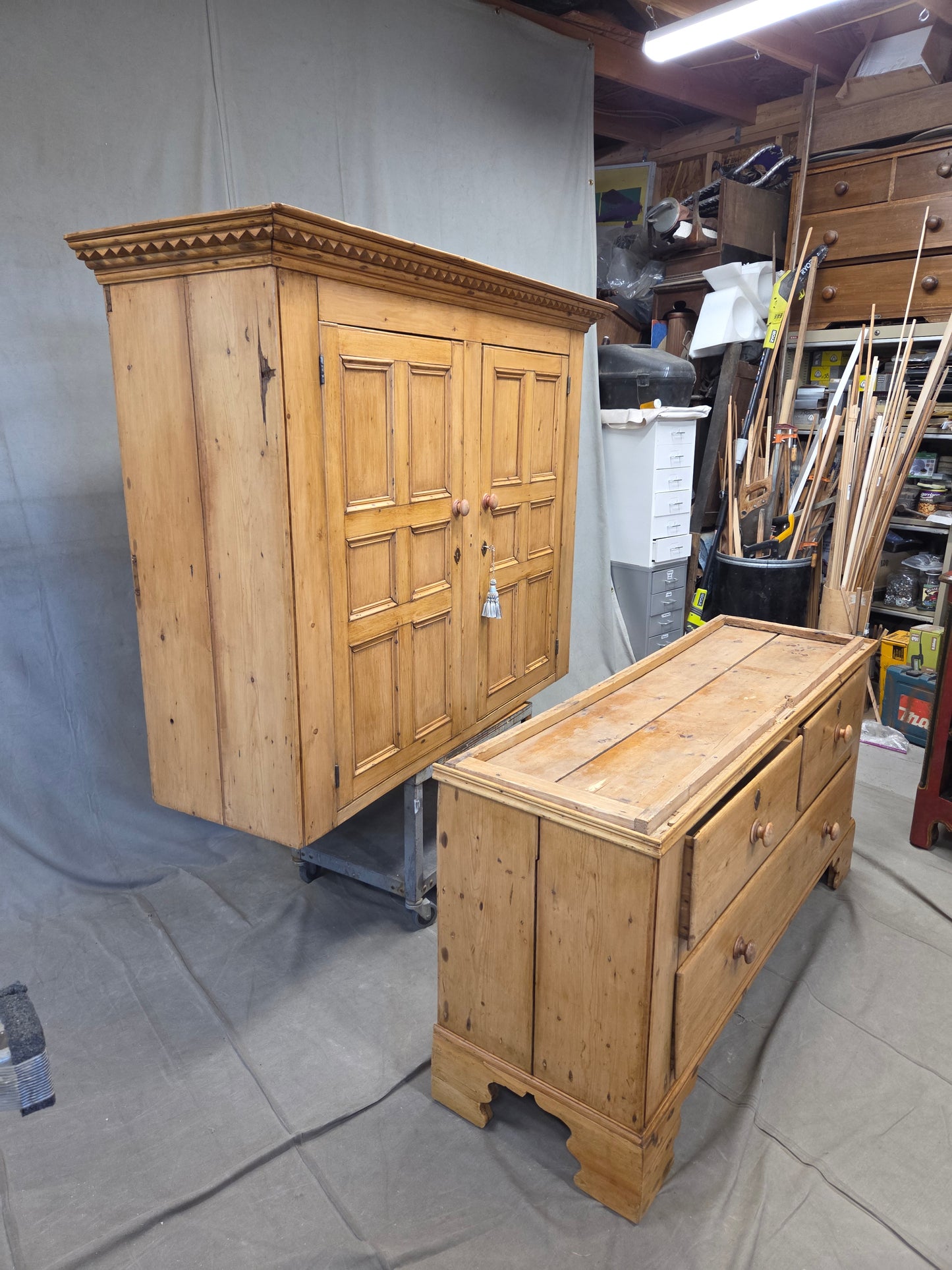 Antique 19th Century Irish Scrubbed Pine Linen Press Cabinet