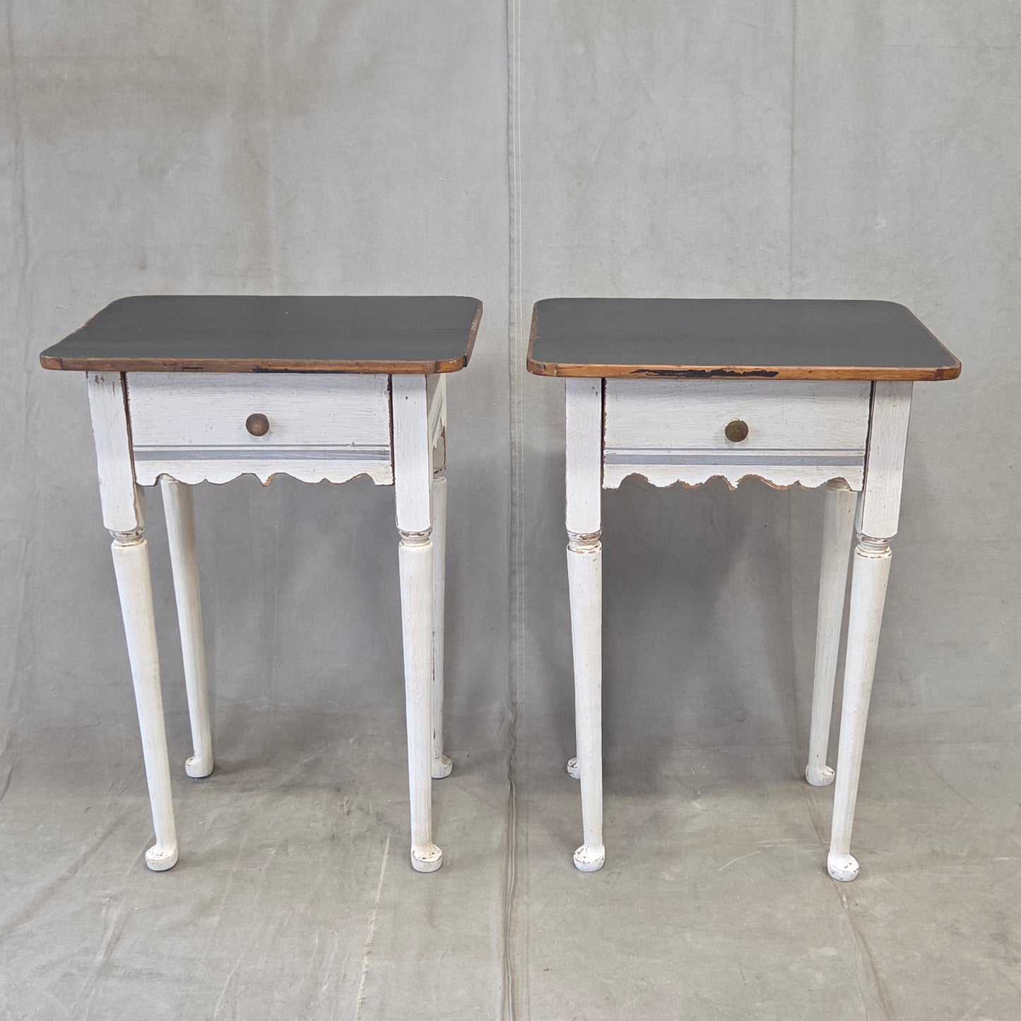 Antique Pine Nightstands Painted White with Gray Banding and Black Tops - a pair