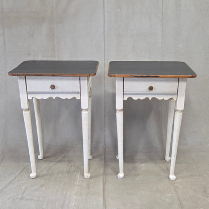 Antique Pine Nightstands Painted White with Gray Banding and Black Tops - a pair