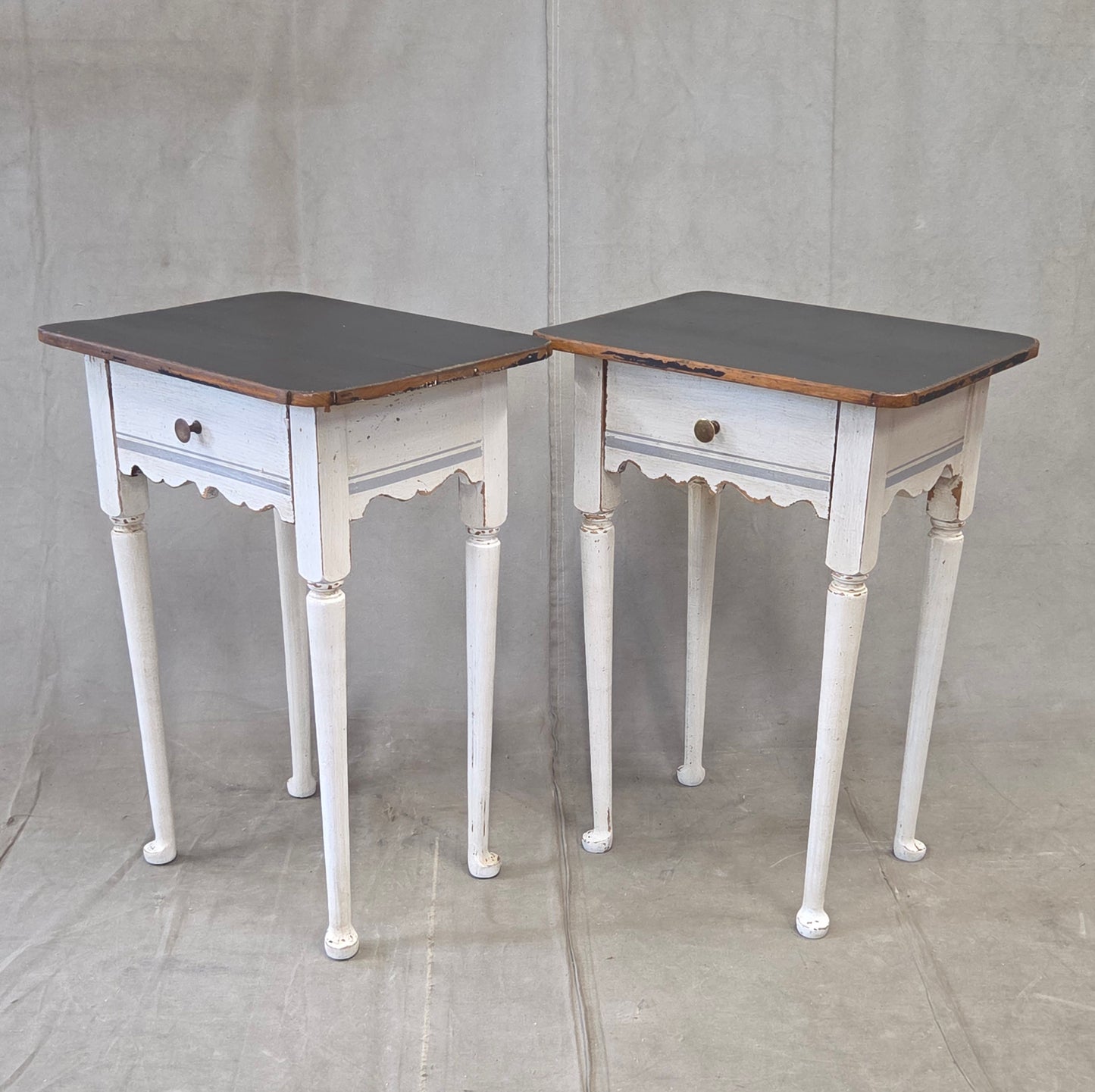 Antique Pine Nightstands Painted White with Gray Banding and Black Tops - a pair
