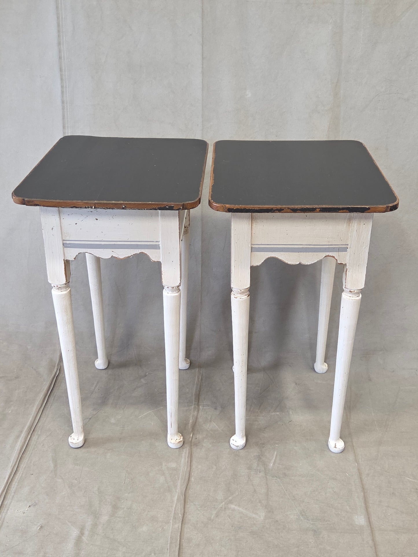 Antique Pine Nightstands Painted White with Gray Banding and Black Tops - a pair