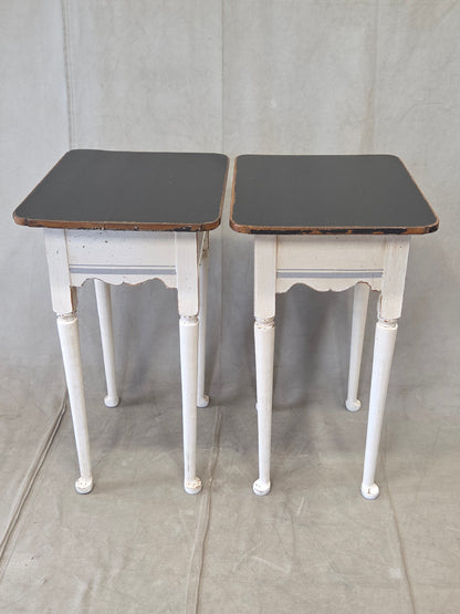 Antique Pine Nightstands Painted White with Gray Banding and Black Tops - a pair