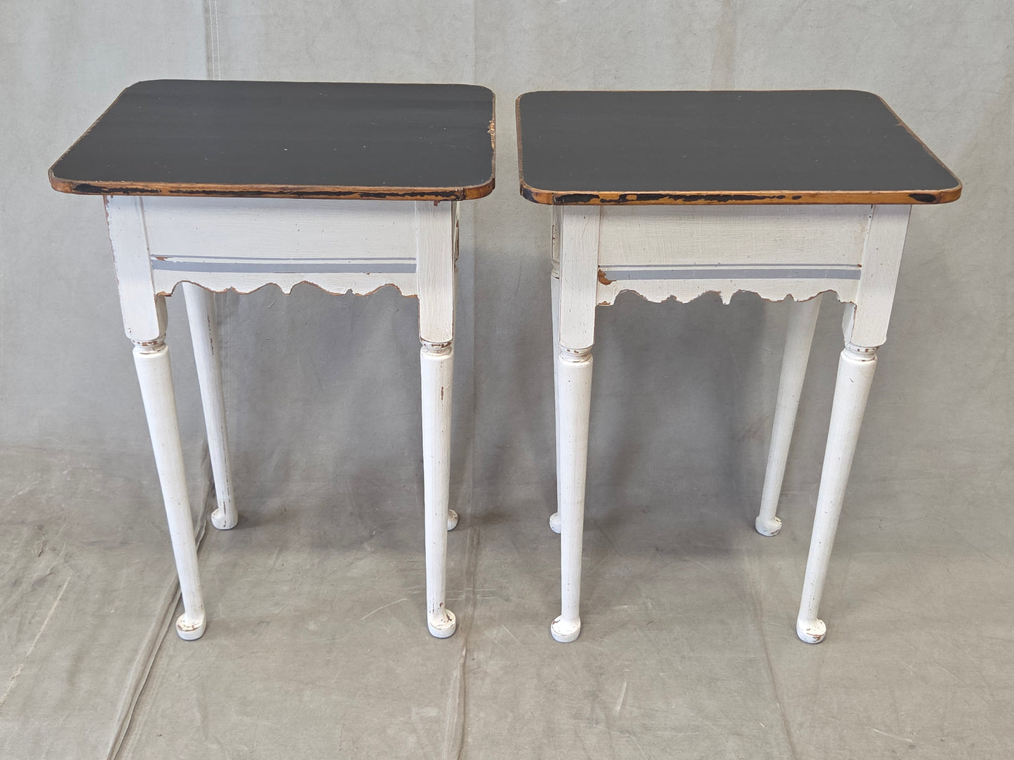 Antique Pine Nightstands Painted White with Gray Banding and Black Tops - a pair