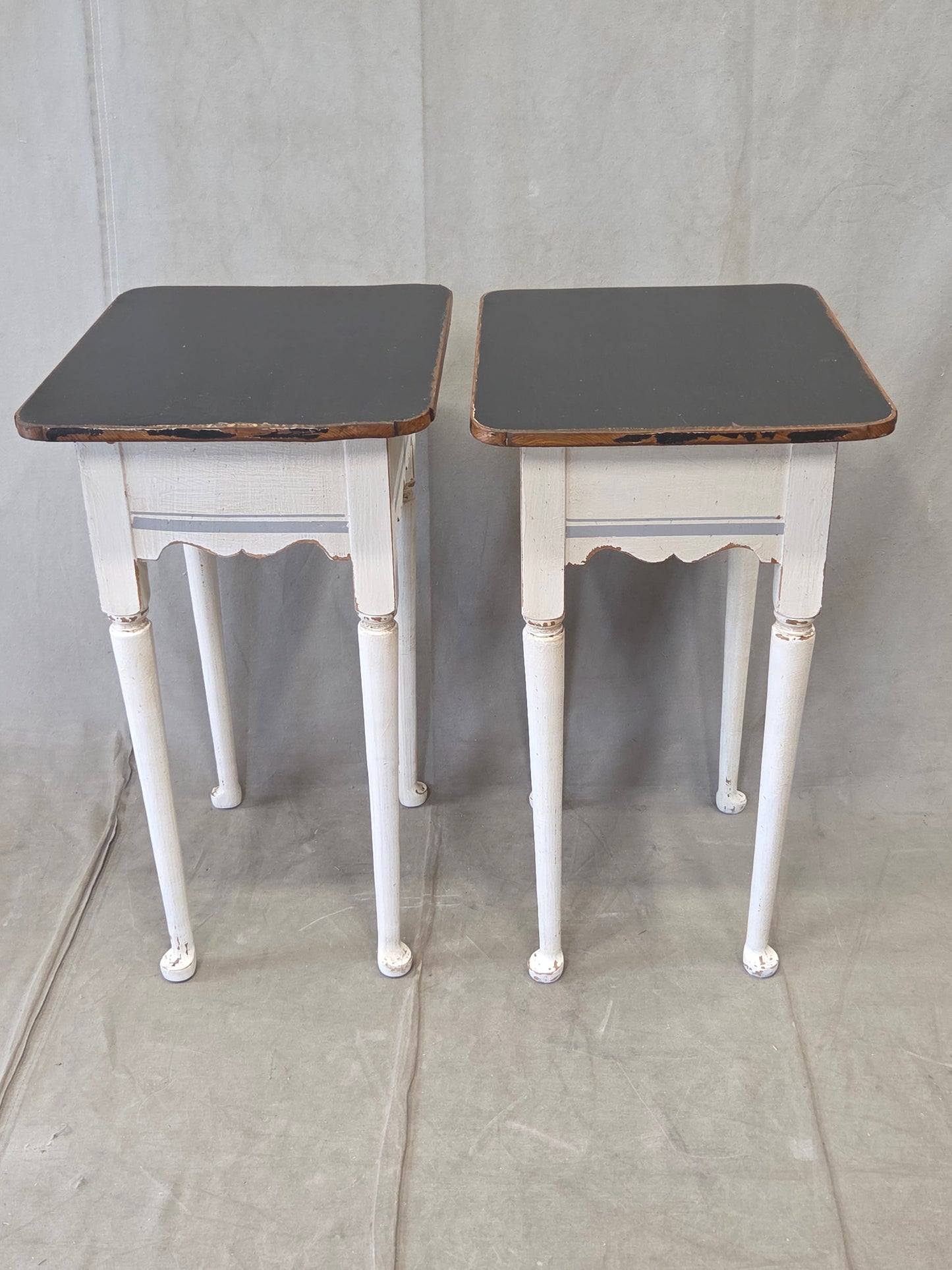 Antique Pine Nightstands Painted White with Gray Banding and Black Tops - a pair