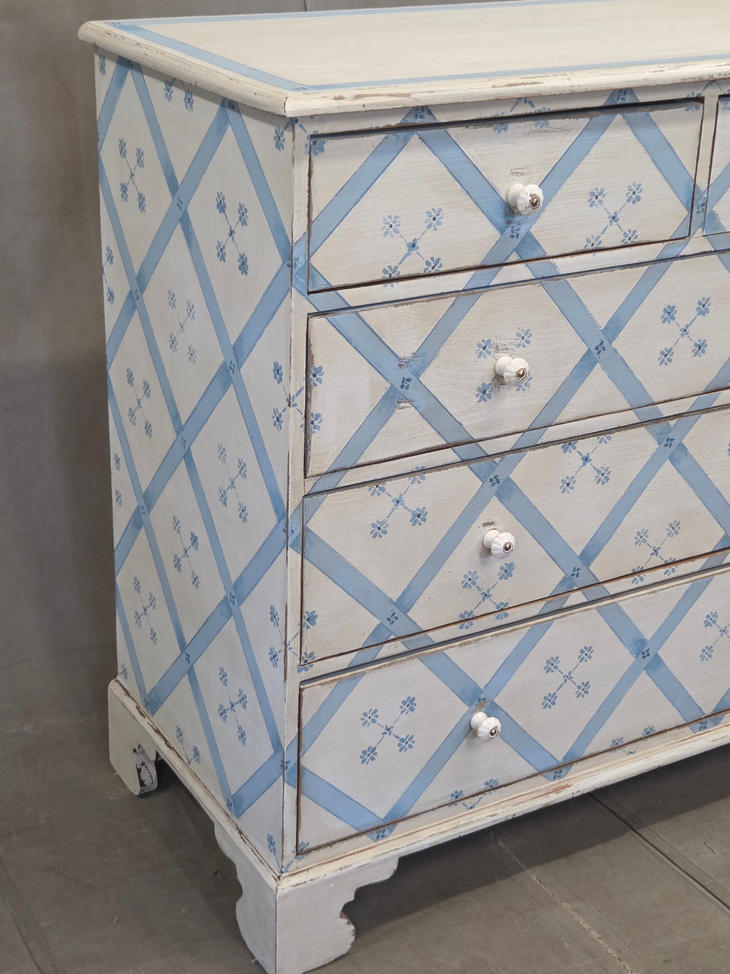 Vintage Rustic English Pine Five Drawer Dresser With Distress Painted and Stenciled Surface