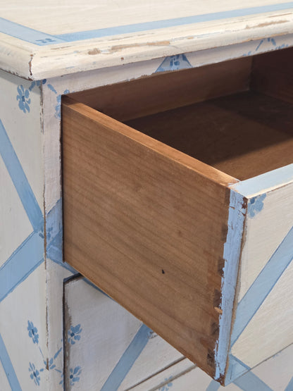 Vintage Rustic English Pine Five Drawer Dresser With Distress Painted and Stenciled Surface