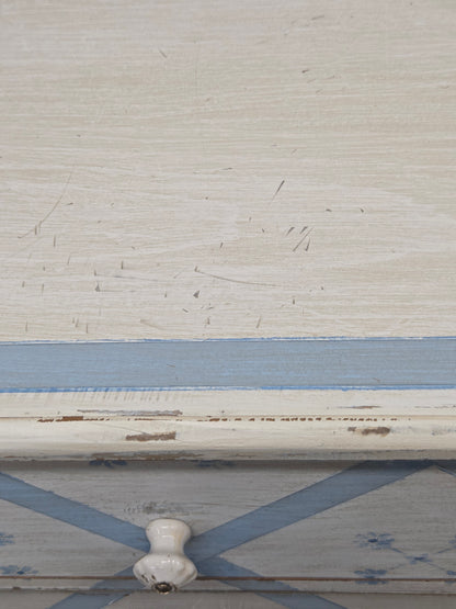 Vintage Rustic English Pine Five Drawer Dresser With Distress Painted and Stenciled Surface
