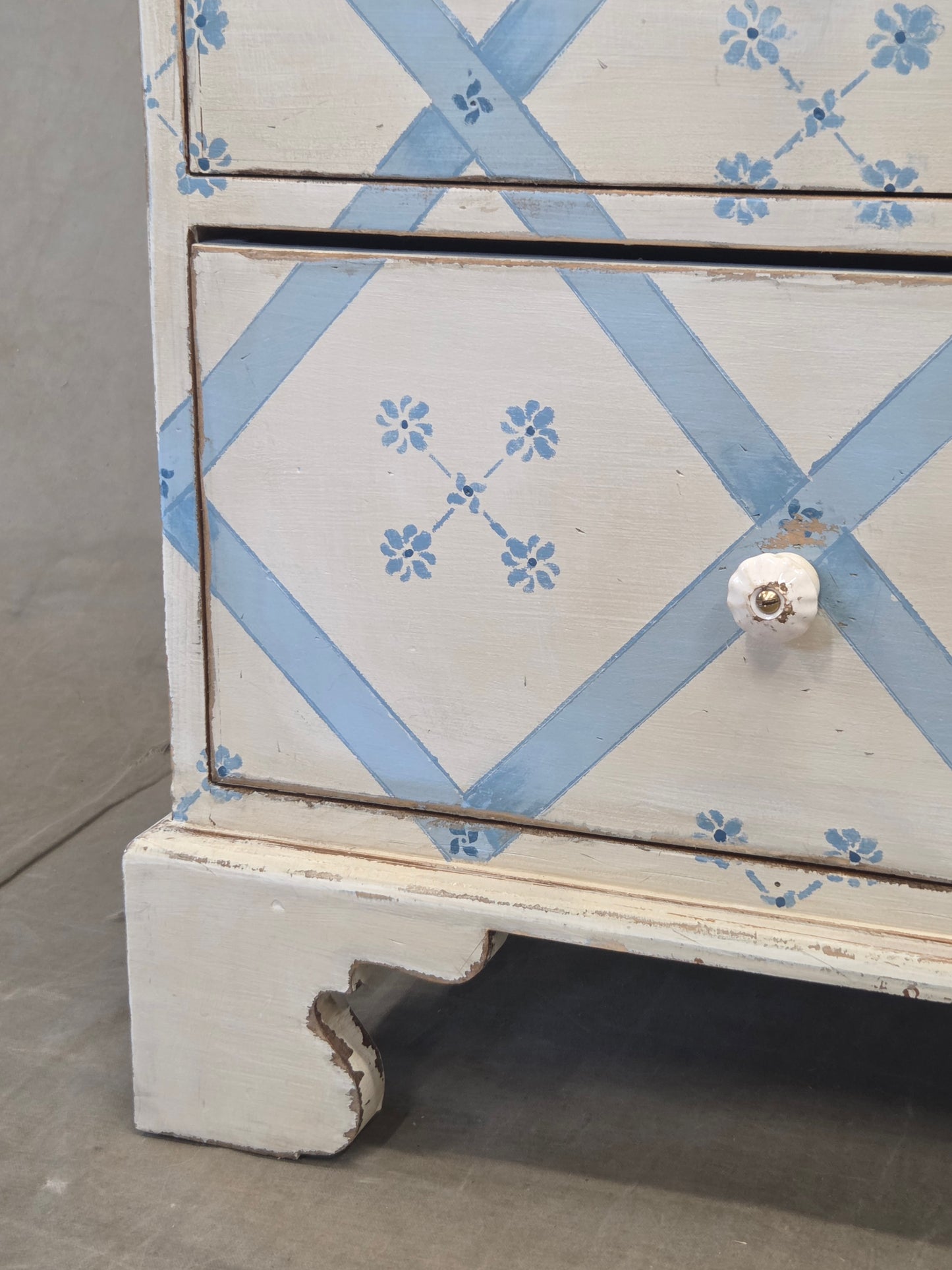 Vintage Rustic English Pine Five Drawer Dresser With Distress Painted and Stenciled Surface