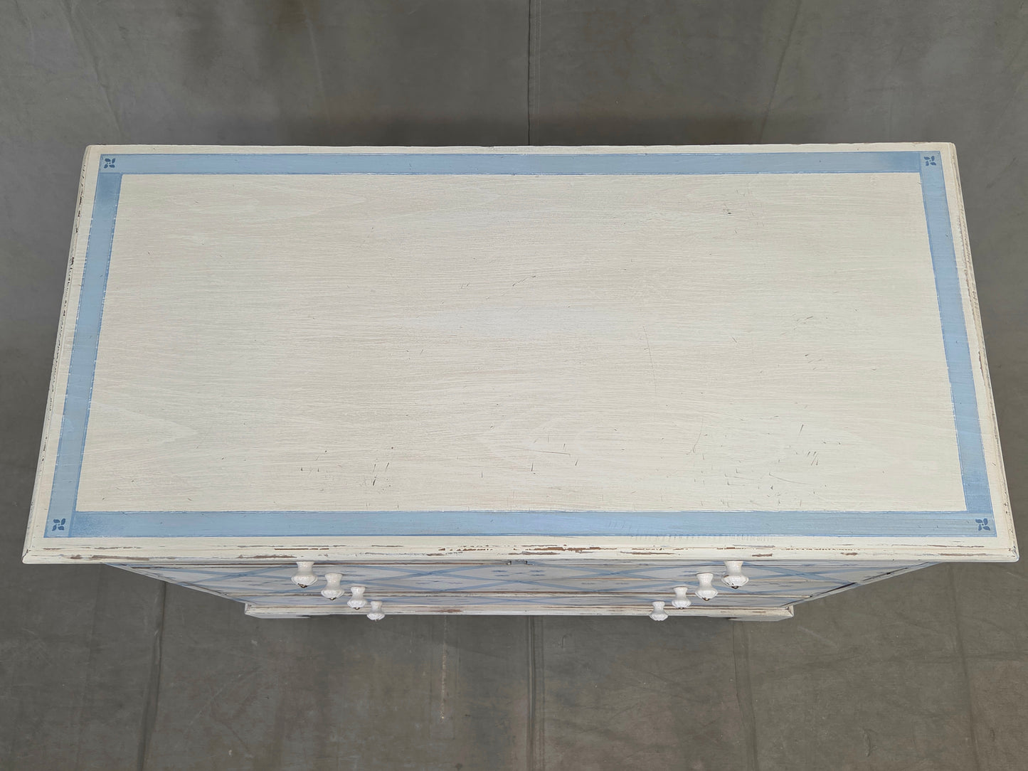 Vintage Rustic English Pine Five Drawer Dresser With Distress Painted and Stenciled Surface