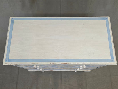 Vintage Rustic English Pine Five Drawer Dresser With Distress Painted and Stenciled Surface
