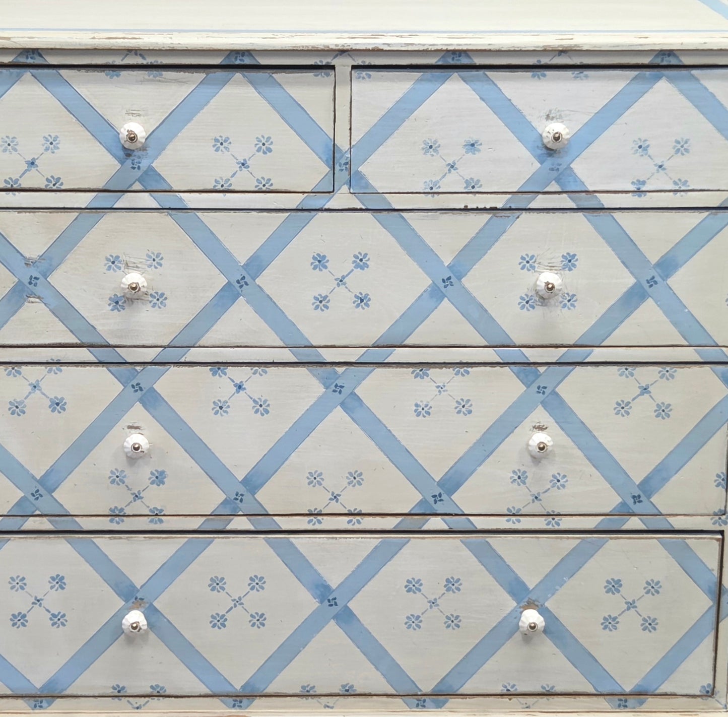 Vintage Rustic English Pine Five Drawer Dresser With Distress Painted and Stenciled Surface