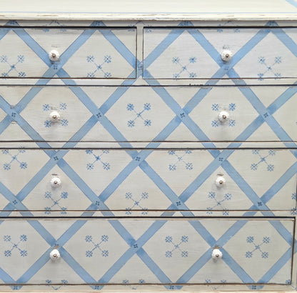 Vintage Rustic English Pine Five Drawer Dresser With Distress Painted and Stenciled Surface