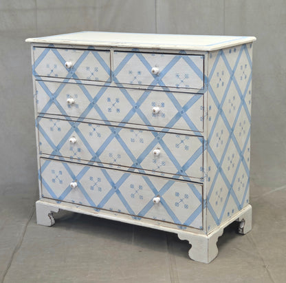 Vintage Rustic English Pine Five Drawer Dresser With Distress Painted and Stenciled Surface