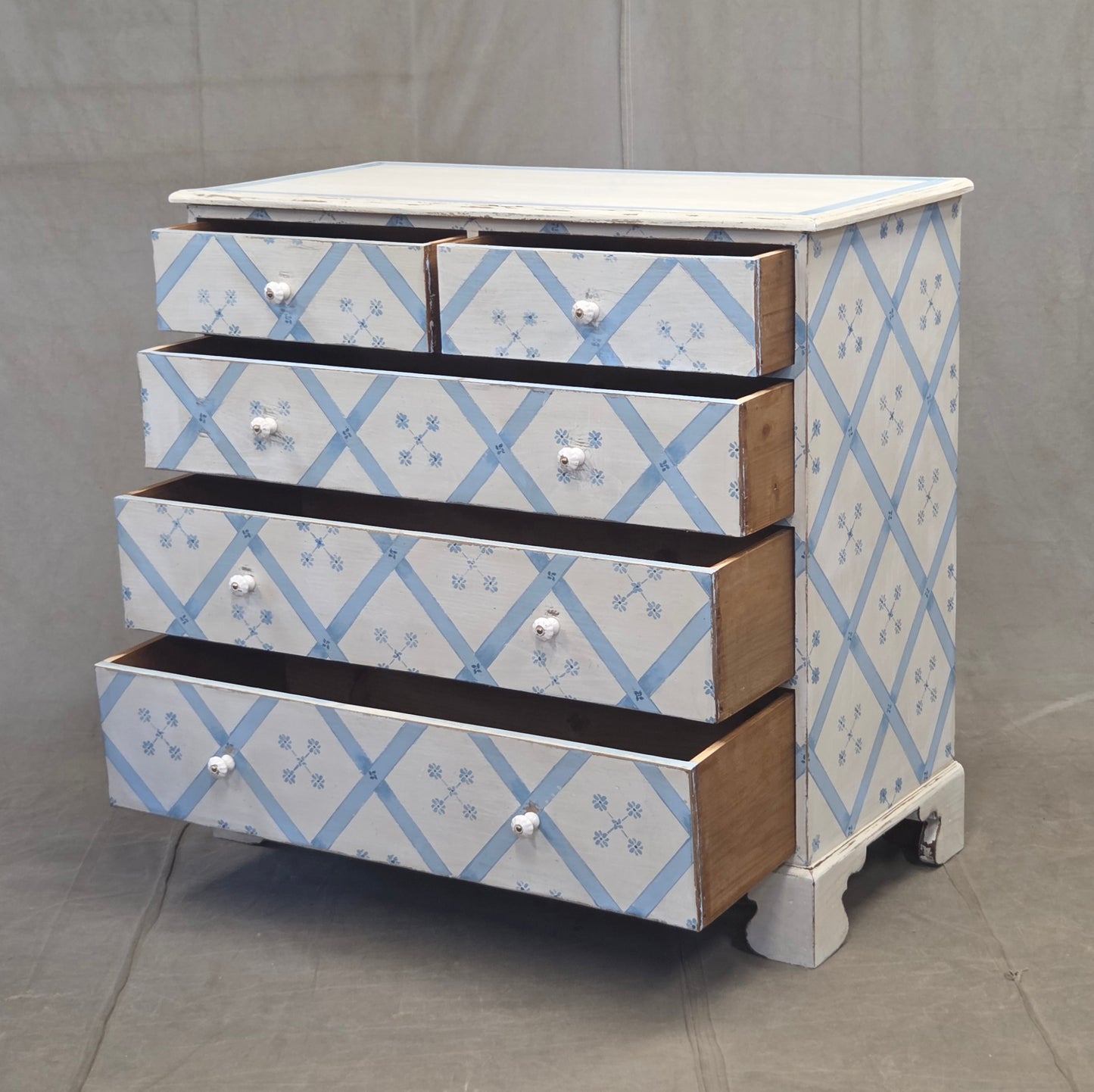 Vintage Rustic English Pine Five Drawer Dresser With Distress Painted and Stenciled Surface