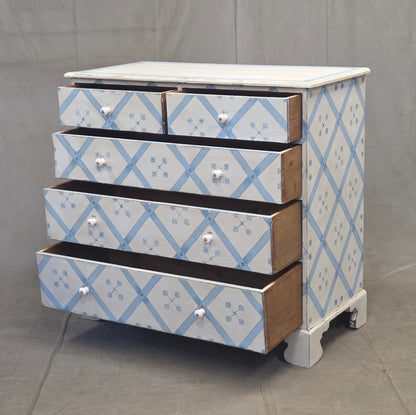 Vintage Rustic English Pine Five Drawer Dresser With Distress Painted and Stenciled Surface