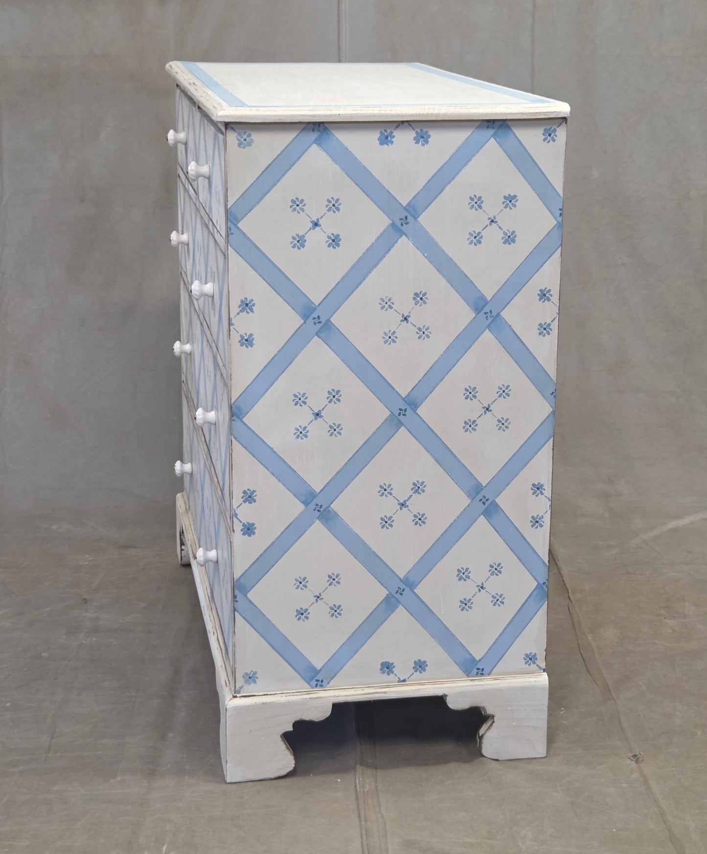 Vintage Rustic English Pine Five Drawer Dresser With Distress Painted and Stenciled Surface