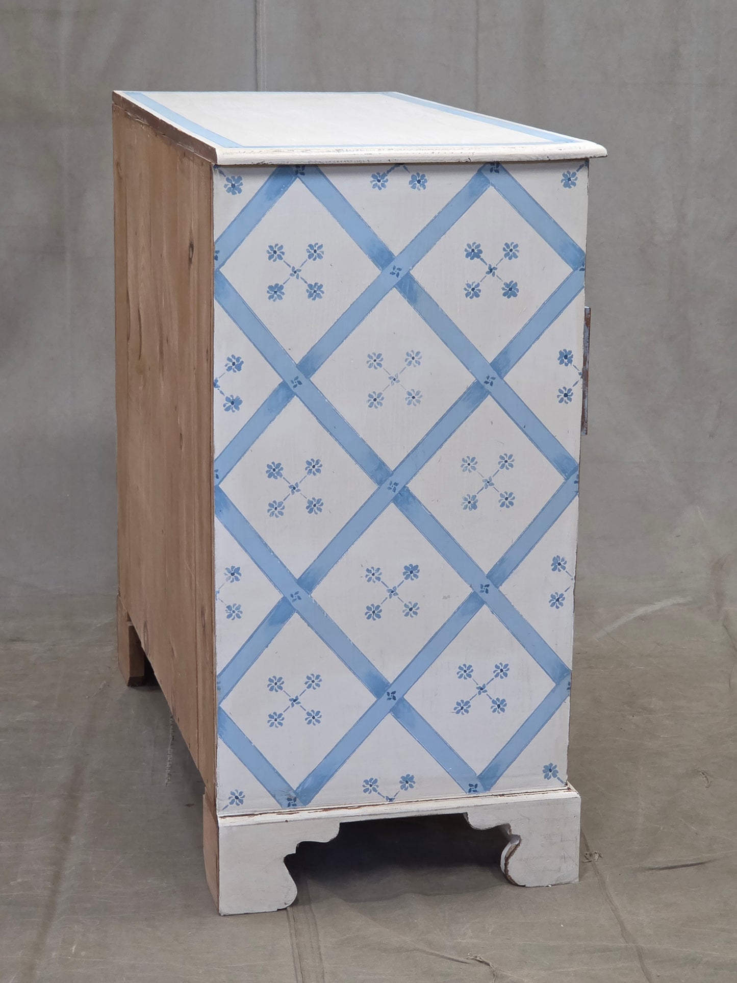 Vintage Rustic English Pine Five Drawer Dresser With Distress Painted and Stenciled Surface
