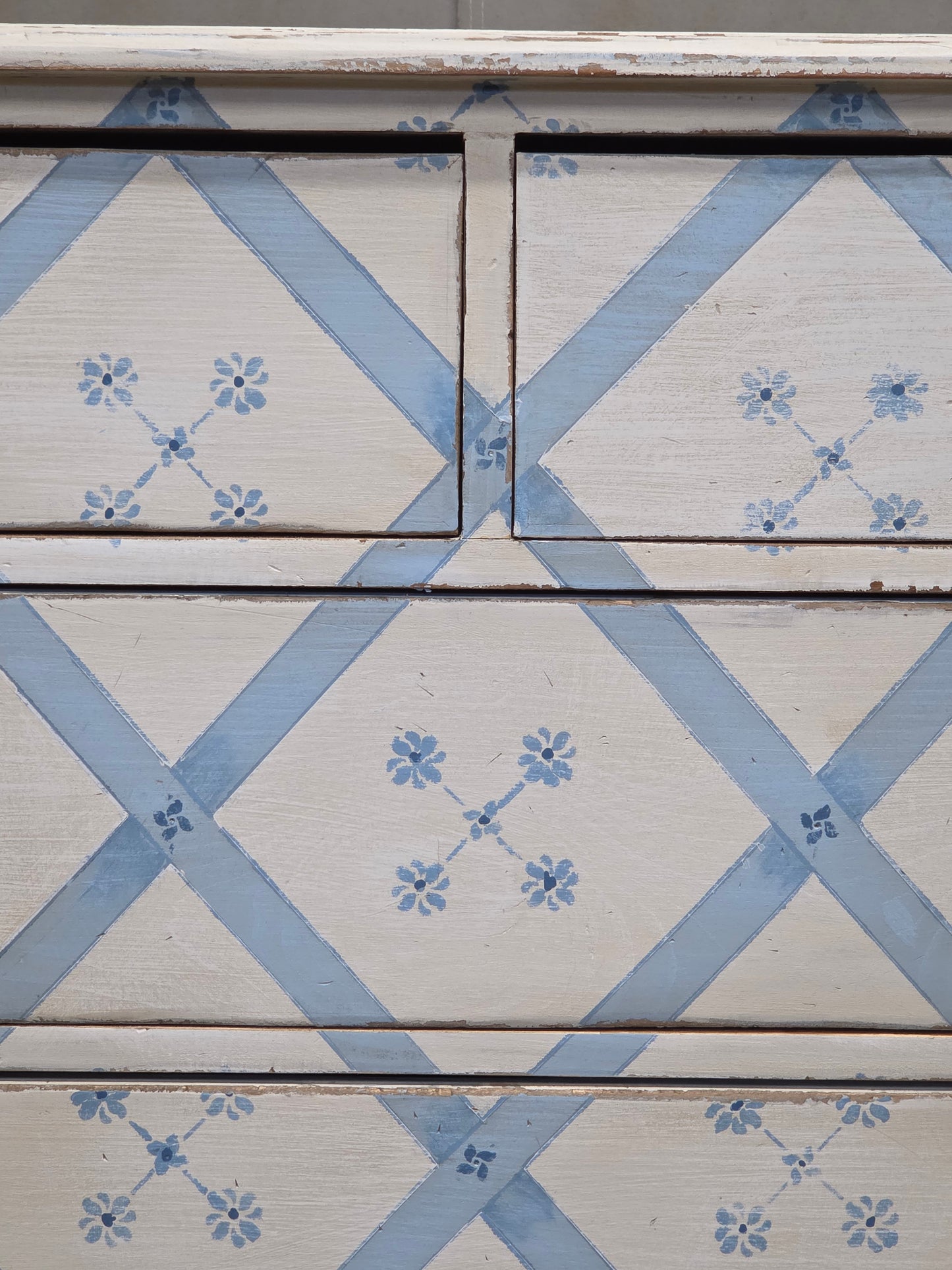 Vintage Rustic English Pine Five Drawer Dresser With Distress Painted and Stenciled Surface
