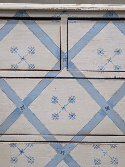 Vintage Rustic English Pine Five Drawer Dresser With Distress Painted and Stenciled Surface