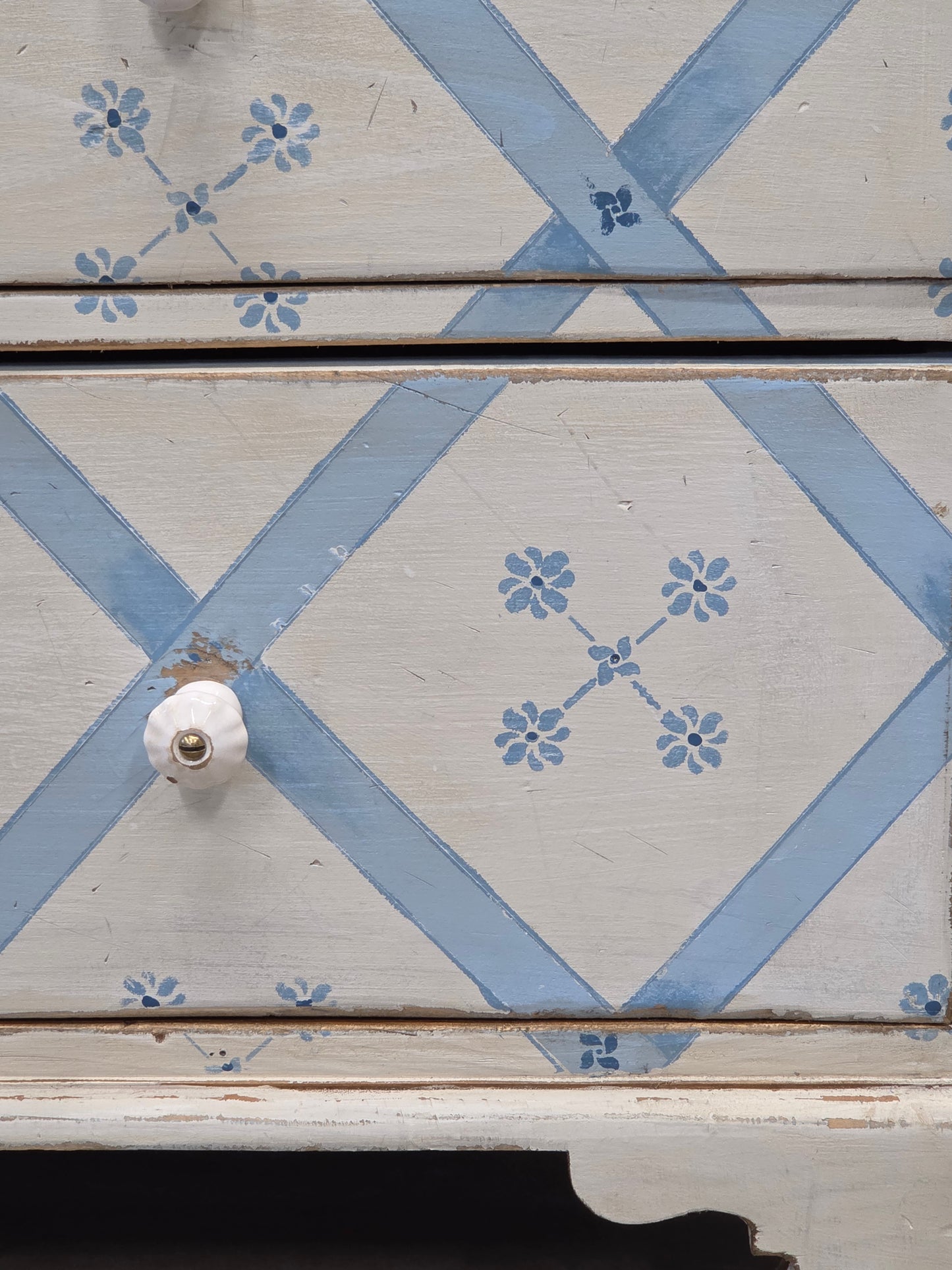 Vintage Rustic English Pine Five Drawer Dresser With Distress Painted and Stenciled Surface