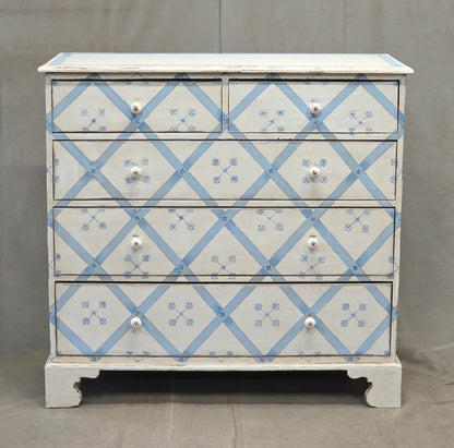 Vintage Rustic English Pine Five Drawer Dresser With Distress Painted and Stenciled Surface