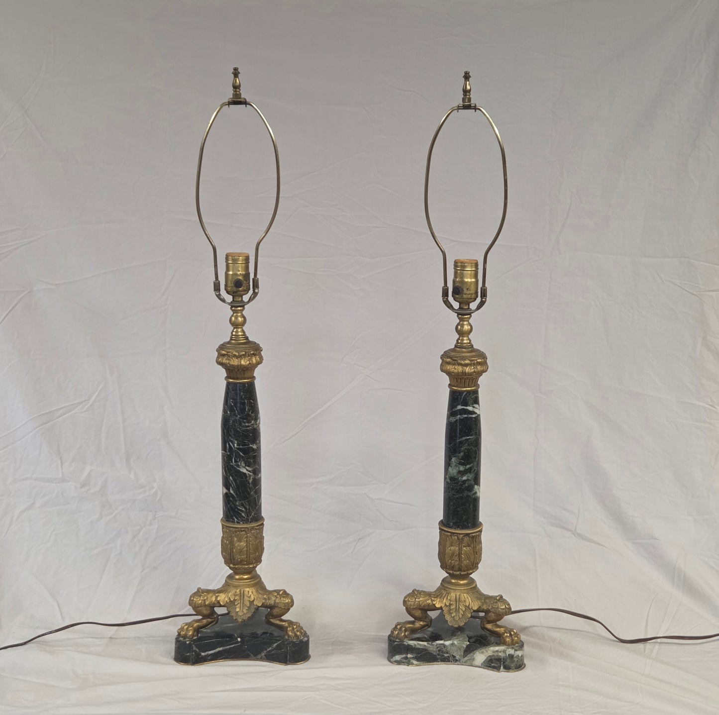 Vintage Pair French Empire Neoclassical Style Marble and Gilt Bronze Table Lamps