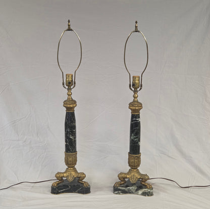 Vintage Pair French Empire Neoclassical Style Marble and Gilt Bronze Table Lamps