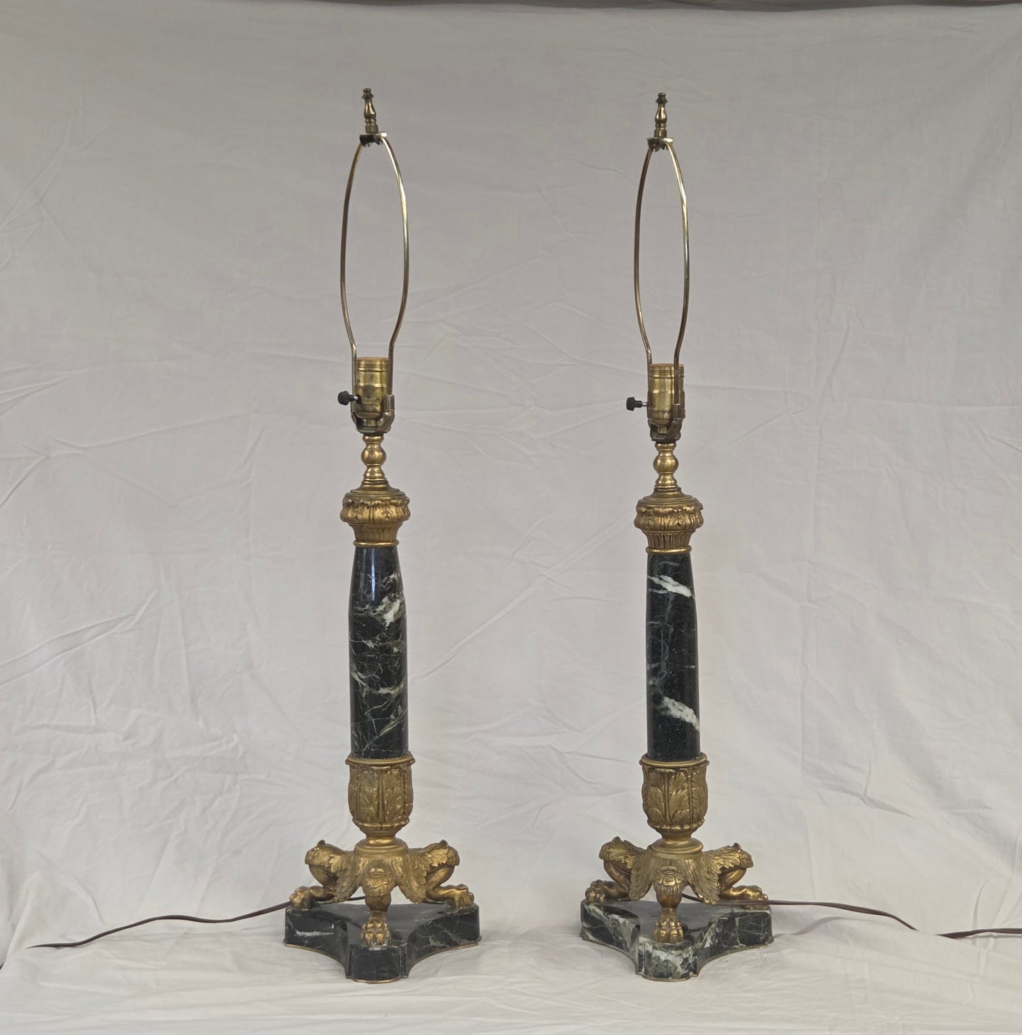 Vintage Pair French Empire Neoclassical Style Marble and Gilt Bronze Table Lamps
