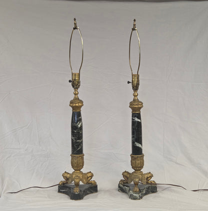Vintage Pair French Empire Neoclassical Style Marble and Gilt Bronze Table Lamps