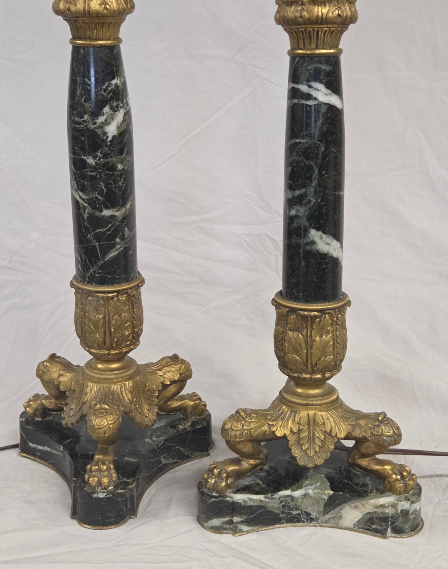 Vintage Pair French Empire Neoclassical Style Marble and Gilt Bronze Table Lamps