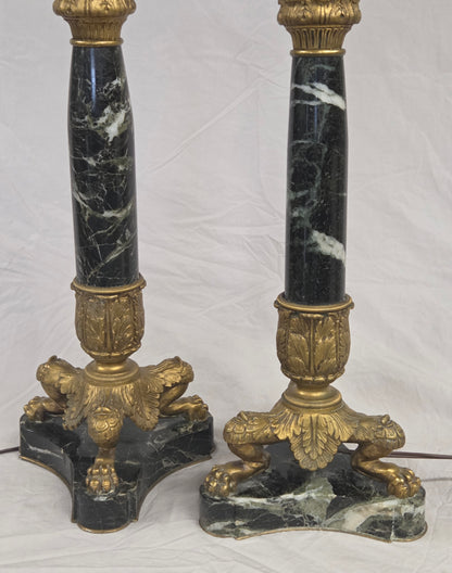 Vintage Pair French Empire Neoclassical Style Marble and Gilt Bronze Table Lamps