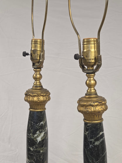 Vintage Pair French Empire Neoclassical Style Marble and Gilt Bronze Table Lamps