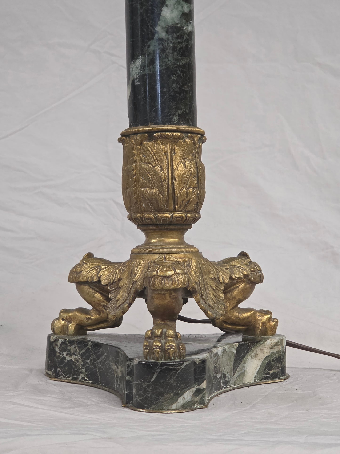 Vintage Pair French Empire Neoclassical Style Marble and Gilt Bronze Table Lamps